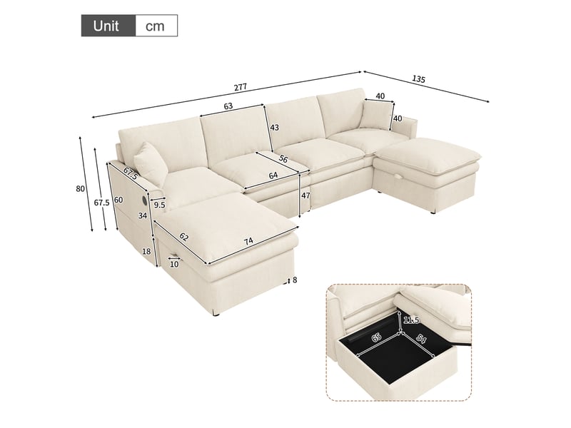  Canapé modulable 6 places, 2 poufs coffre  - forme ul, usb type-c, coton lin - 277 × 135 × 80 cm beige  - Conforama D