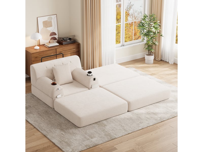 Fauteuil convertible 1 place avec dossier haut, 2 porte-gobelets et 4 poches latérales, en velours côtelé beige - Conforama C
