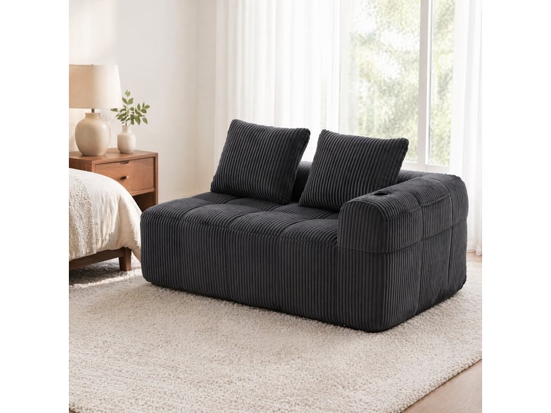  Canapé 2 places en velours côtelé gris foncé avec poches latérales et porte-gobelets  - Conforama D