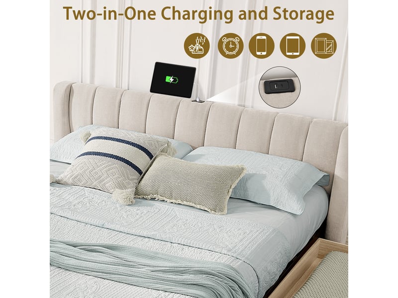  Lit 140x200 cm avec tête de lit en chenille, lit enfant avec sommier à lattes, lit 2 personnes avec prise usb, beige  - Conforama W