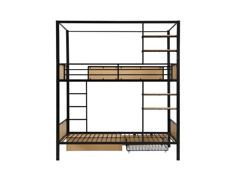  Lit superposé en fer et mdf, double étagère latérale, espace de rangement sous le lit, possibilité d'ajouter un rideau de lit au lit supérieur, noir et naturel, 90 x 200 cm  - Conforama E