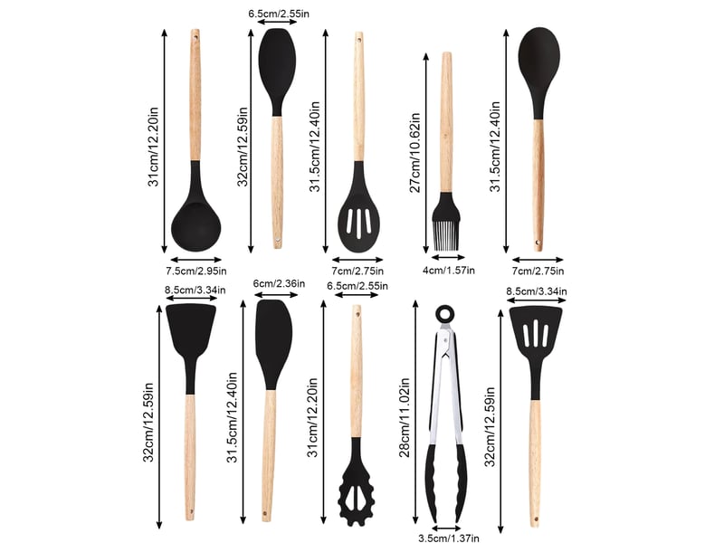  Set de 12 ustensiles de cuisine en silicone et bois noir avec support chicfurn  - Conforama C