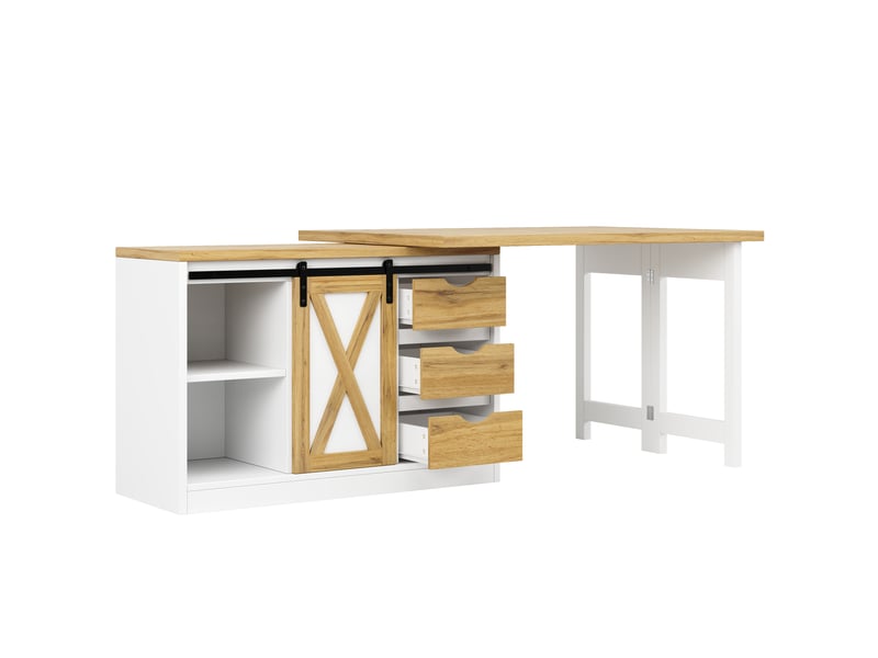  Îlot de cuisine extensible 120-197 x 40 x 72 cm, porte coulissante, 3 tiroirs et porte-bouteilles, blanc, en mdf robuste  - Conforama A