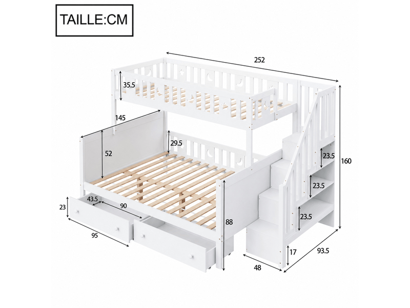 Lit superposé 200x90 cm et 200x140 cm, lit enfant avec escalier, 2 tiroirs et barrières, sans matelas, blanc - Conforama D