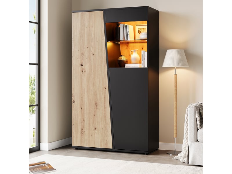  Vitrine 80x35x139,5 cm noire et bois avec led, porte vitrée et rangements multiples  - Conforama B