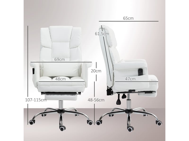 Fauteuil de bureau blanc avec 6 points de massage, repose-pieds rétractable, hauteur réglable, télécommande et soutien lombaire.  - Conforama E