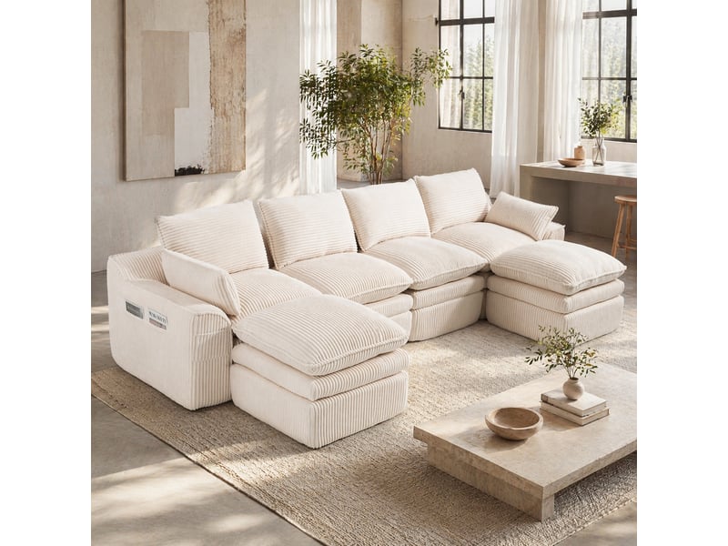  Canapé modulable ulevr 4 places avec 2 poufs, poches latérales et coussins, velours côtelé beige, 335 x 167 x 85 cm  - Conforama B