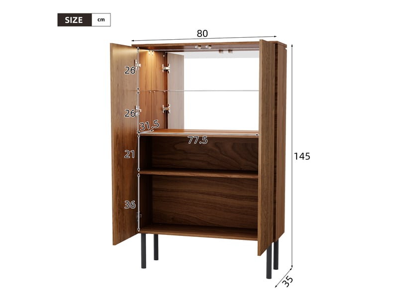  Vitrine avec led, fond miroir et tablette en verre, rangements pour salon, salle à manger, cuisine, en mdf, 80×35×145 cm  - Conforama D