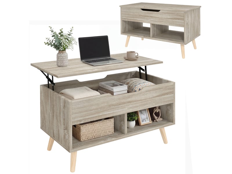  Table basse relevable, table de salon avec compartiment caché et étagères ouvertes, 75 x 40 x 58 cm, bois naturel  - Conforama B