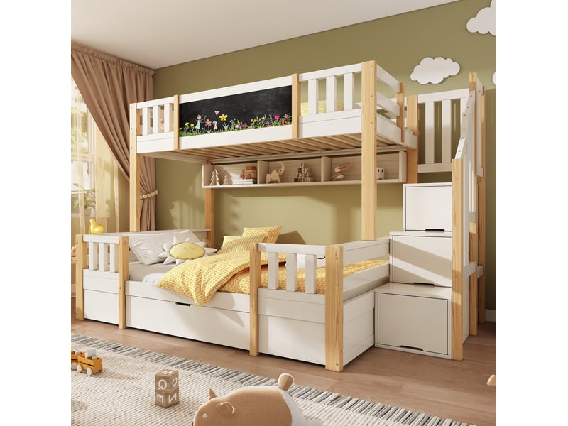  Lit superposé 3 places 90x200 et 140x200 cm avec rangement et tiroirs, blanc et naturel  - Conforama D