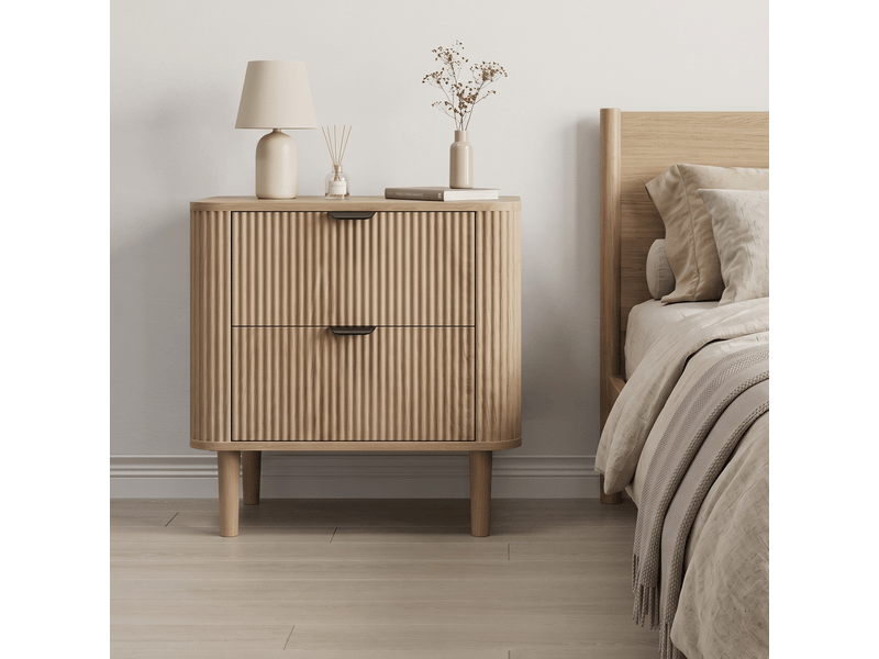  Table de chevet - 57 x 40 x 57 cm - effet chêne naturel - table de nuit design rainuré avec 2 tiroirs et pieds en bois  - Conforama E