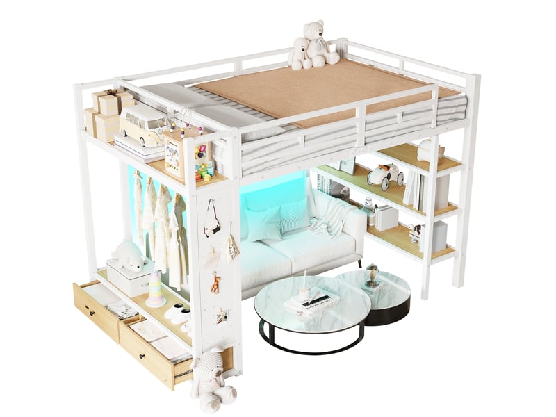  Lit mezzanine 140x200 cm blanc, avec penderie, rangements, 2 tiroirs, étagères, panneau perforé, led 7 couleurs, structure métal, sommier inclus, sans matelas  - Conforama A