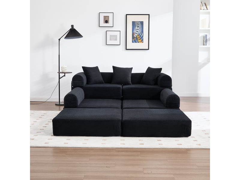 Canapé modulable noir velours côtelé avec rangement - canapé familial 270cm convertible lit d'appoint - Conforama W