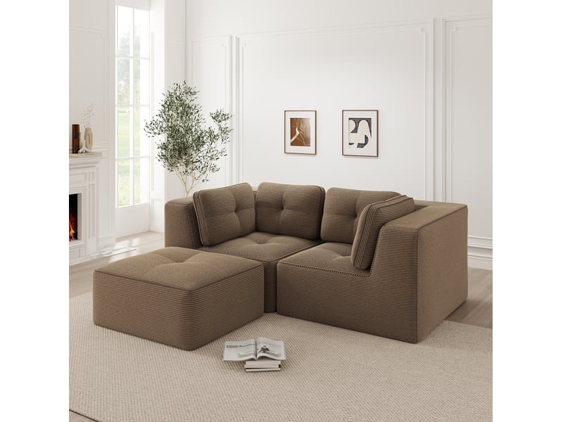 Canapé d’angle modulaire 2 places 208x177x69 cm, assise moelleus, avec repose-pieds déplaçable, en velours côtelé, marron - Conforama D