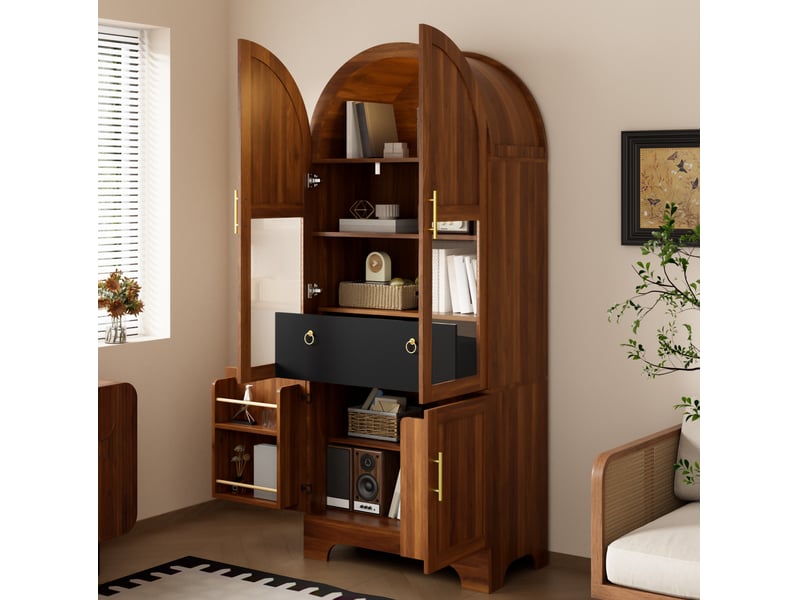  Buffet 76x40x180 cm, forme arquée, éclairage led, 4 portes et 1 tiroir, mdf et panneau de particules, aspect noyer brun  - Conforama B