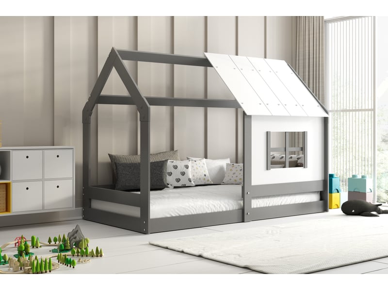 Lit cabane enfant montessori en bois massif gris anthracite avec toit et fenêtre, 80x160 cm – sommier à lattes inclus - Conforama B