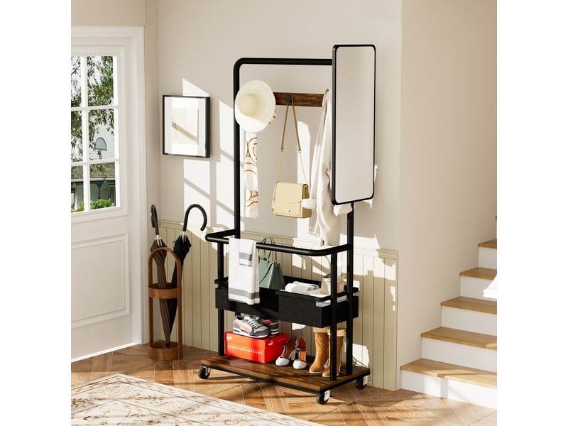  Porte-manteau en métal robuste avec roulettes, design 3 en 1 avec panier et miroir, porte-manteau suspendu, porte-manteau mobile avec roulettes, OZ-SHF162RB - Conforama E