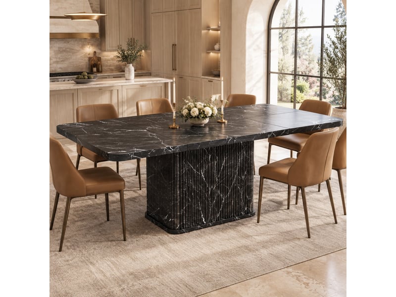  Table de salle à manger extensible avec rangement caché et portes sans poignées, effet marbre noir, pour salle à manger  - Conforama C