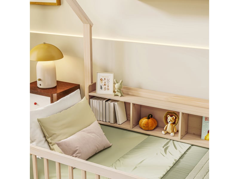  Lit cabane en pin, 90 x 200 cm, avec étagères de rangement, lit au sol avec barrières de sécurité, finition naturelle  - Conforama E