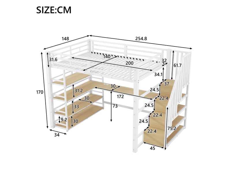  Lit mezzanine métal 140 x 200 cm avec bureau, port usb et éclairage led, barrière de sécurité, escalier, blanc  - Conforama C