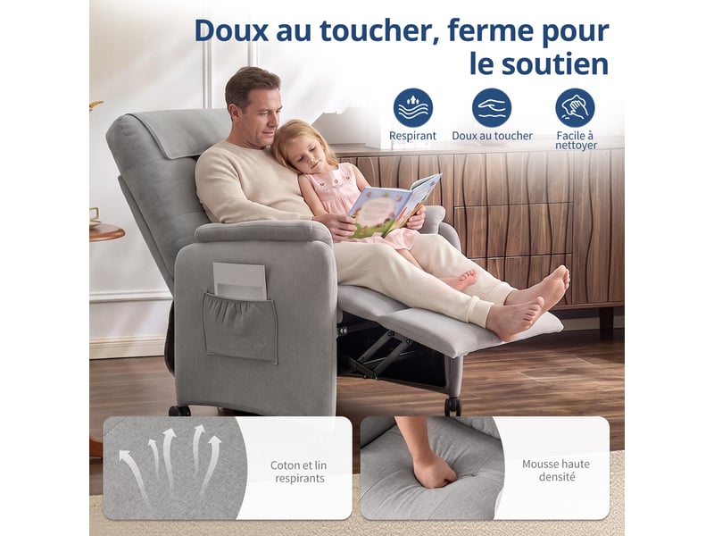 Fauteuil de massage électrique, fauteuil détente pour télévision avec fonction massage et chaleur, 4 roues, gris clair - Conforama W