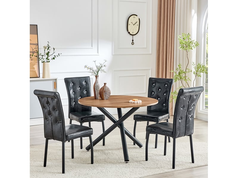  Table basse ronde avec plateau en mdf et piètement croisé 3 pieds, style industriel, métal noir et noyer  - Conforama C