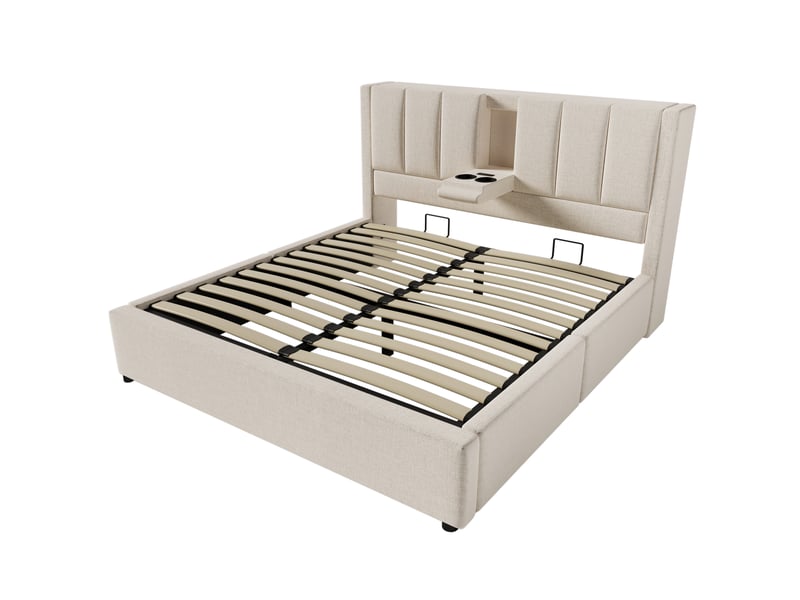  Lit coffre,160x200 cm,avec matelas, rangement et charge usb,lin,beige  - Conforama D