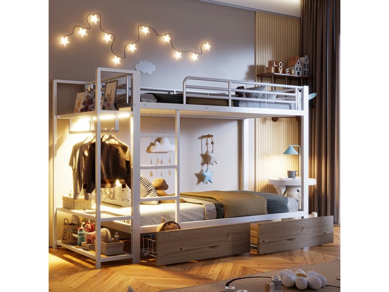  Lit superposé 90 x 200 cm, blanc, sans matelas, 2 tiroirs, étagères, led, penderie  - Conforama D
