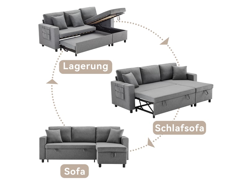 Canapé-lit, 219,5 × 142,5 × 83 cm, gris foncé, tissu coton-lin, 2 places, forme l, assise polyvalente pour usage quotidien - Conforama D