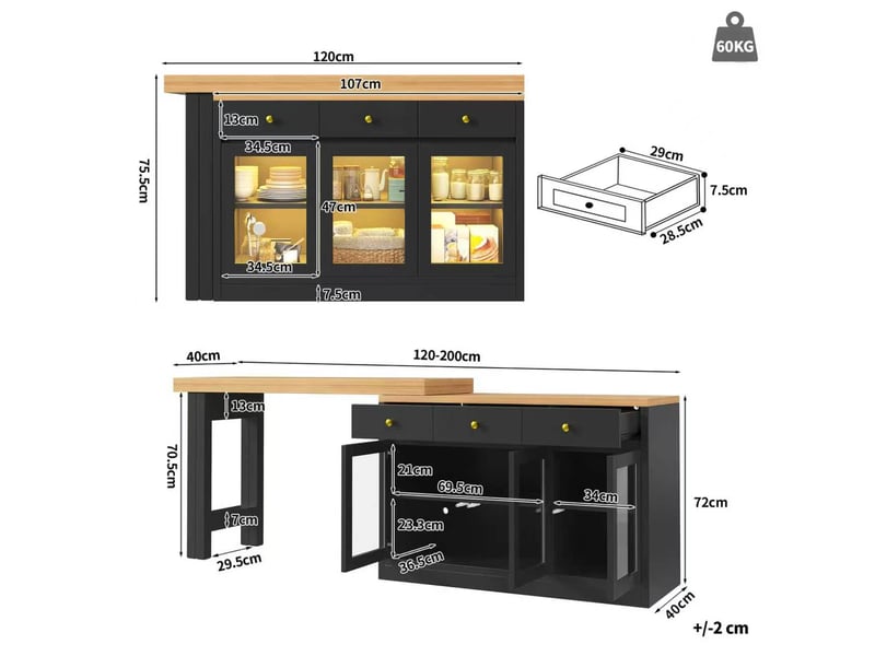  Table extensible avec 3 tiroirs, 3 portes vitrées et éclairage led rgb pour cuisine et salle à manger en mdf noir  - Conforama D