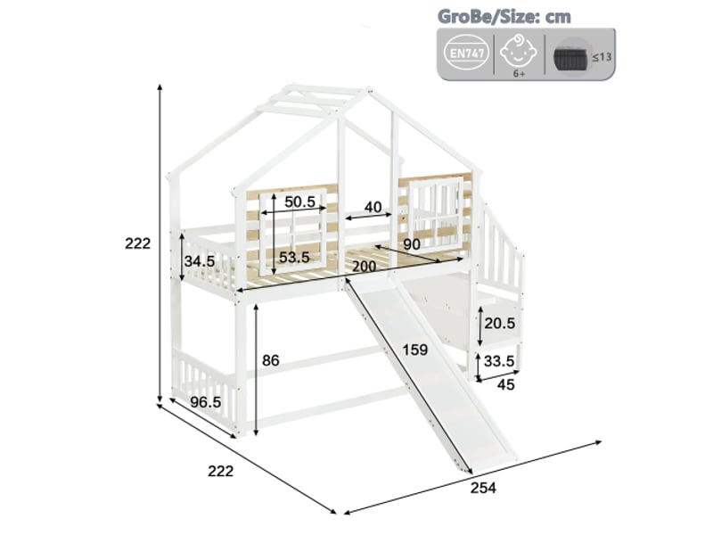  Lit mezzanine en bois massif avec échelle et barreaux, toboggan et fenêtre, sécurité anti-chute, cadre blanc 90x200 cm pour chambre d'enfant  - Conforama C