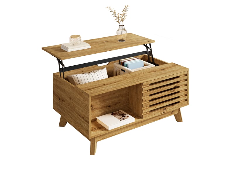 Table basse relevable avec rangement et porte coulissante à lames, en mdf ton bois, pour salon, 90 × 55 × 57,5 cm - Conforama A