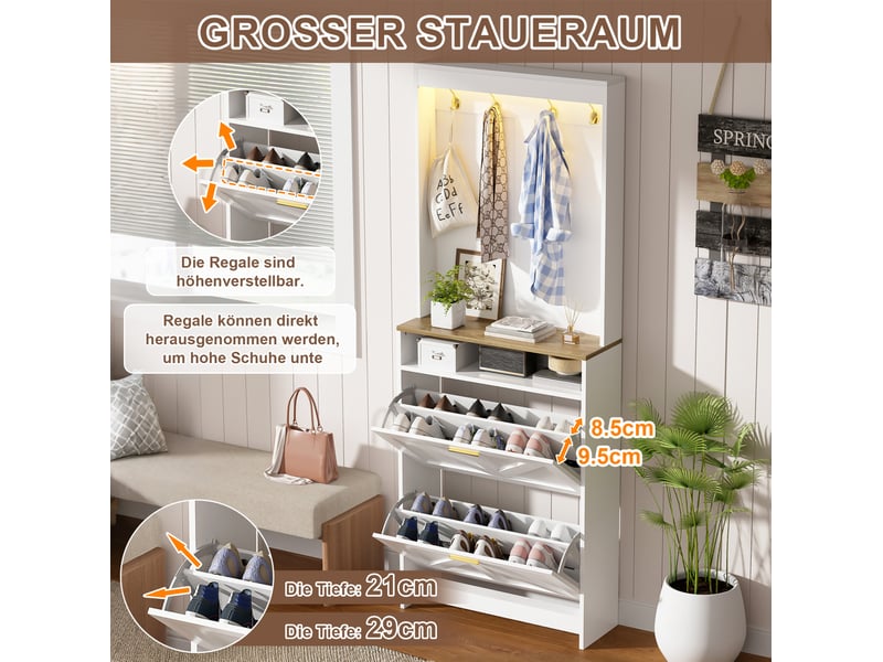  Meuble à chaussures 70x24x180 cm avec led et 2 abattants blanc et naturel  - Conforama E
