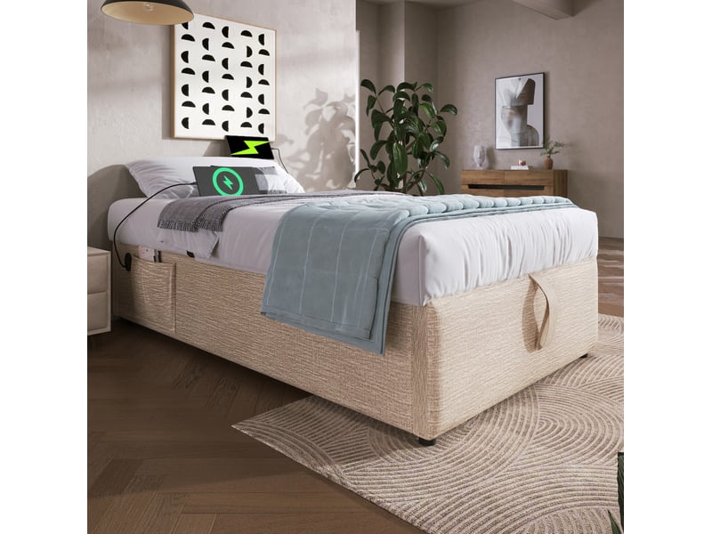  Lit coffre 90 x 200 cm sans tête de lit, avec usb-c et type-c, tissu beige + naturel  - Conforama D