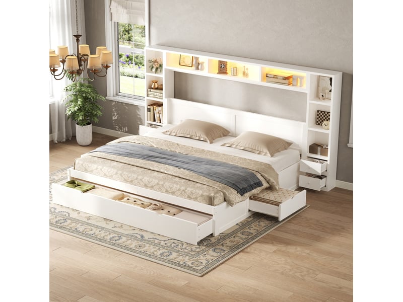  Cadre de lit plateforme 180x200 cm avec rangement, 7 tiroirs, éclairage led, en mdf, coloris blanc, vendu sans matelas  - Conforama E