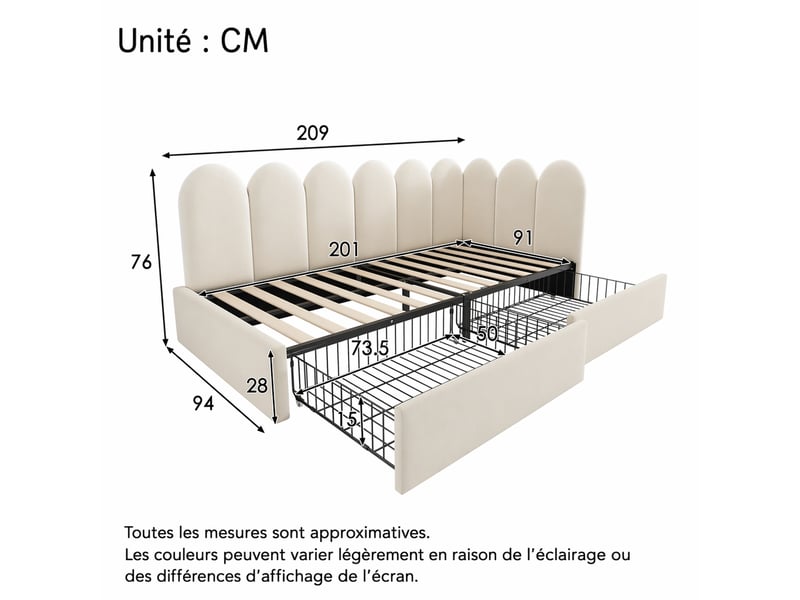 Lit banquette 90 x 200 cm avec 2 tiroirs de rangement, sommier à lattes et dossier rembourré en velours beige - Conforama D