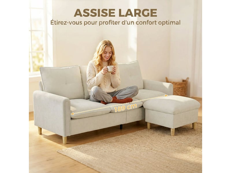 Canapé 3 places avec pouf de rangement, canapé d'angle modulable 210 cm, assise large, crème, tissu aspect lin - Conforama W