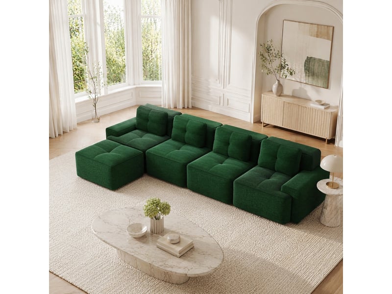  Canapé modulable 4 places en velours côtelé vert avec méridienne en l  - Conforama B