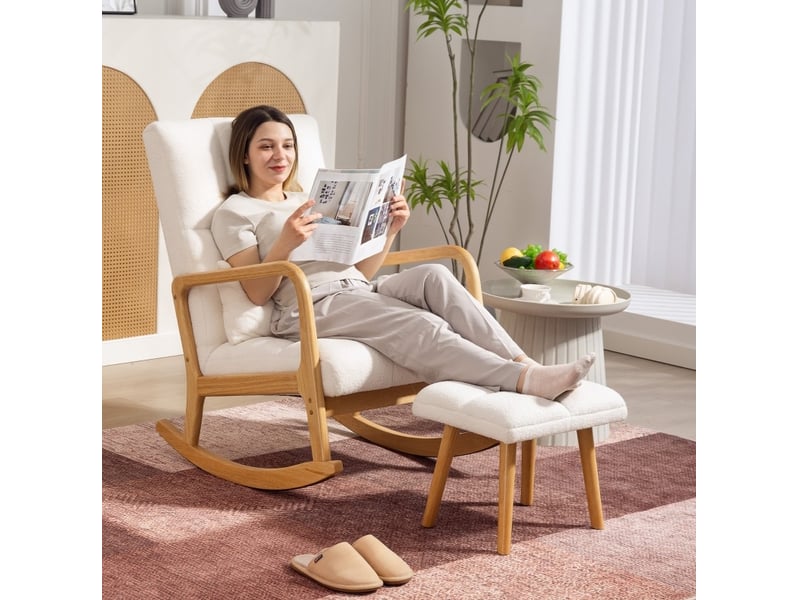  Fauteuil à bascule avec repose-pieds, dossier haut, accoudoirs et coussin, pour salon et chambre, en bois blanc  - Conforama D