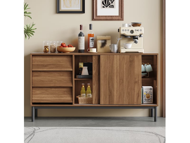 Buffet bas 150x40x80 cm en mdf coloris noyer avec 3 tiroirs et 2 portes coulissantes - Conforama E