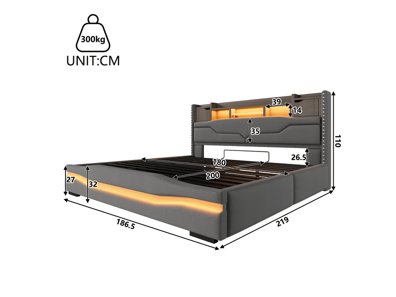  Lit coffre 180 × 200 cm, lin, sommier à lattes, led sous le lit, tête de lit avec rangement, ports usb et usb-c, gris  - Conforama C