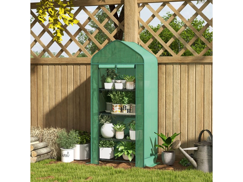  Serre à plantes à 4 niveaux avec porte enroulable, métal et pe, 69 x 49 x 158 cm, vert foncé  - Conforama D