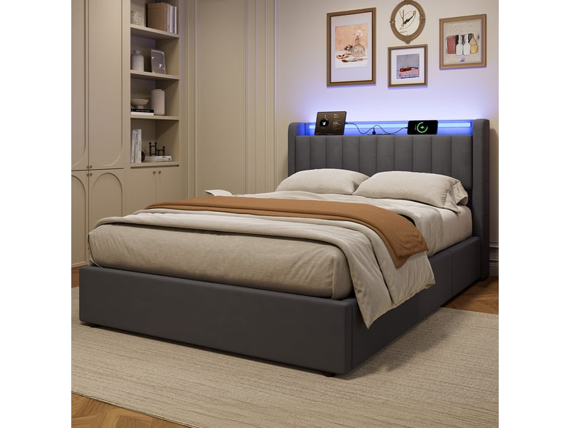  Lit 140x190 cm avec rangement, usb et led gris foncé  - Conforama D