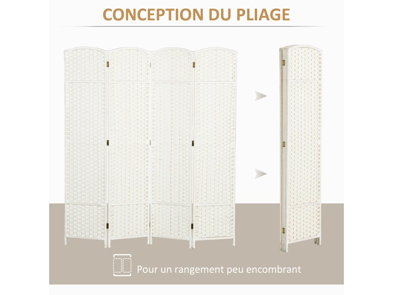  Paravent interieur en bois 4 panneaux 160 x 170 cm séparateur de pièce pliable pour salon, blanc, chambre à coucher  - Conforama E