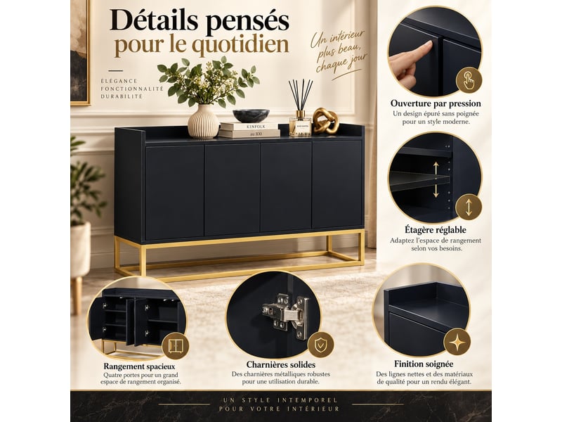  Buffet meuble de rangement 4 portes et étagère réglable, moderne, 120 x 30 x 80 cm noir  - Conforama B