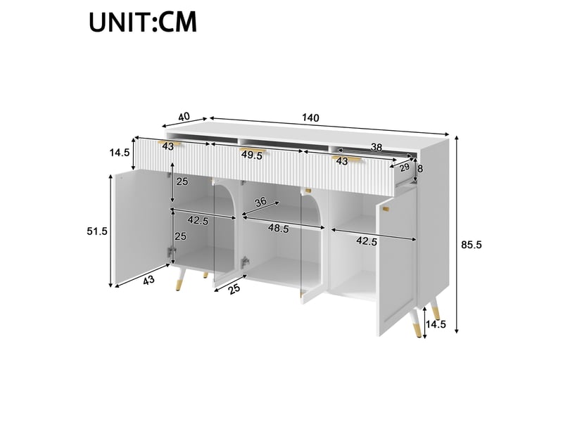  Buffet 140x40x85,5 cm 4 portes et 3 tiroirs coloris blanc  - Conforama C