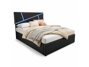Lit double avec rangement hydraulique et led 140x200 cm, tête de lit en pu noir