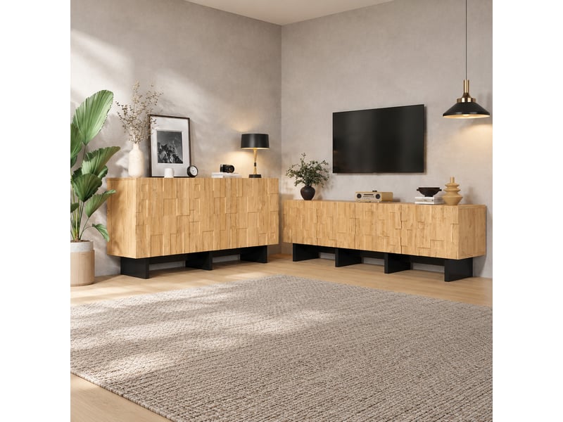  Ensemble meuble tv 180x38,5x45 cm + buffet 140x40x70 cm, 7 portes 9 rangements, mdf, naturel et noir  - Conforama D