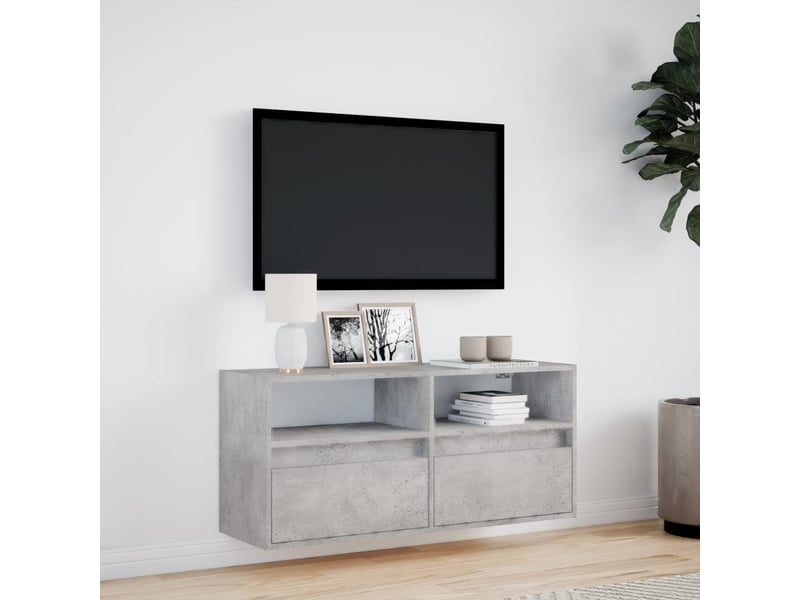  Meuble tv - banc tv - meuble de rangement mural avec lumières led gris béton 100x31x45 cm  - Conforama D