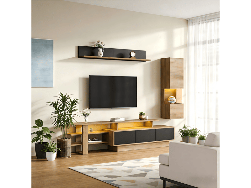  Ensemble meuble tv mural 3 pièces rayofi - 1 meuble tv 180x40x45 cm, 1 vitrine 30x30x100 cm, 1 étagère murale 120x13,5x18 cm, éclairage led usb, finition bois naturel et noir, 3 tiroirs, pour tv jusqu'à 80 pouces N625P295433Z - Conforama W